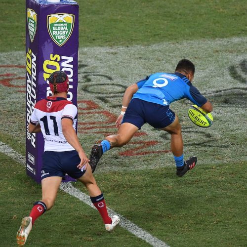 Blues player Sam Nock scores a try.
Blues v Reds semi final. Brisbane Global Rugby 10s, Suncorp Stadium, Brisbane, Australia. Day 2, Saturday 10 February 2018. © Copyright photo: Andrew Cornaga / www.photosport.nz